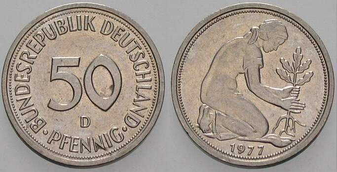50 Pfennig 1977 J. 384 sehr schön
