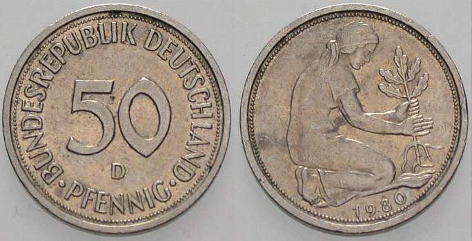 50 Pfennig 1980 J. 384 sehr schön