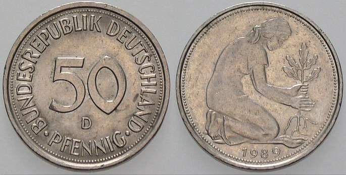 50 Pfennig 1989 J. 384 sehr schön