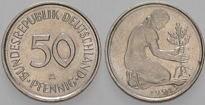 50 Pfennig 1991 J. 384 sehr schön