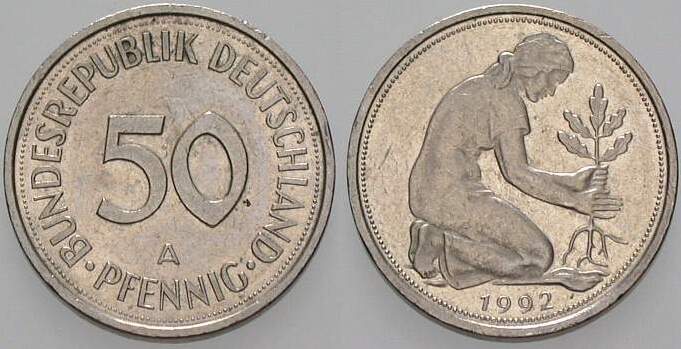 50 Pfennig 1992 J. 384 sehr schön