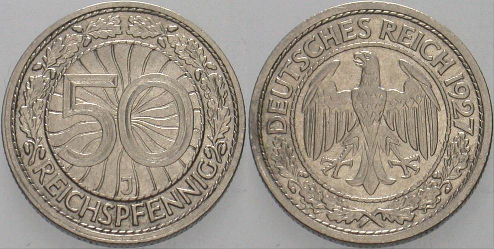 50 Reichspfennig 1927 J. 324 Sehr schön