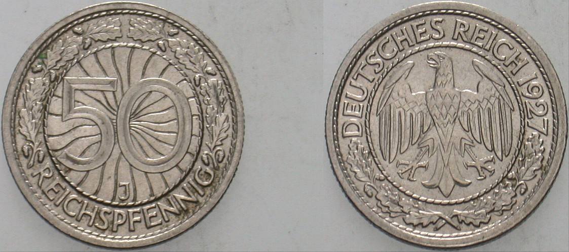 50 Reichspfennig 1927 J. 324 Vorzüglich/vorzüglich - Stempelglanz
