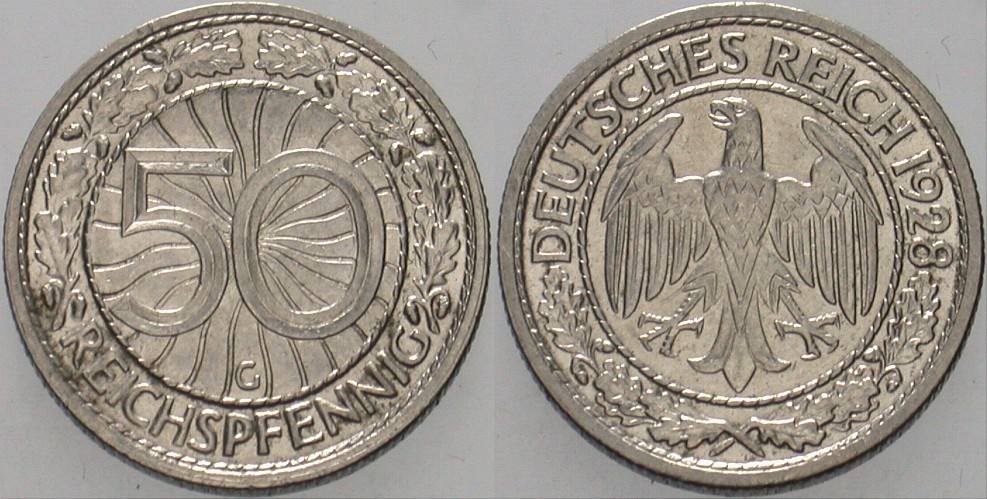 50 Reichspfennig 1928 J. 324 Etwas fleckig, sonst vorzüglich