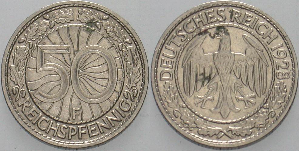 50 Reichspfennig 1928 J. 324 Fleckig, sehr schön - vorzüglich
