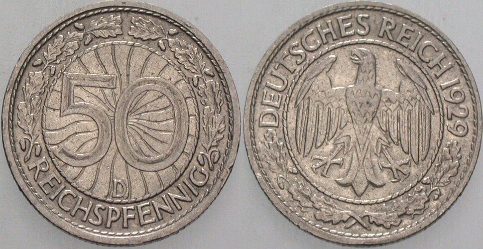 50 Reichspfennig 1929 J. 324 Sehr schön +