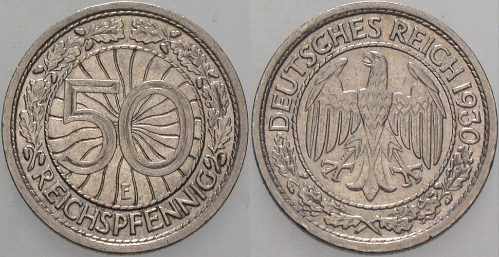 50 Reichspfennig 1930 J. 324 Sehr schön - vorzüglich