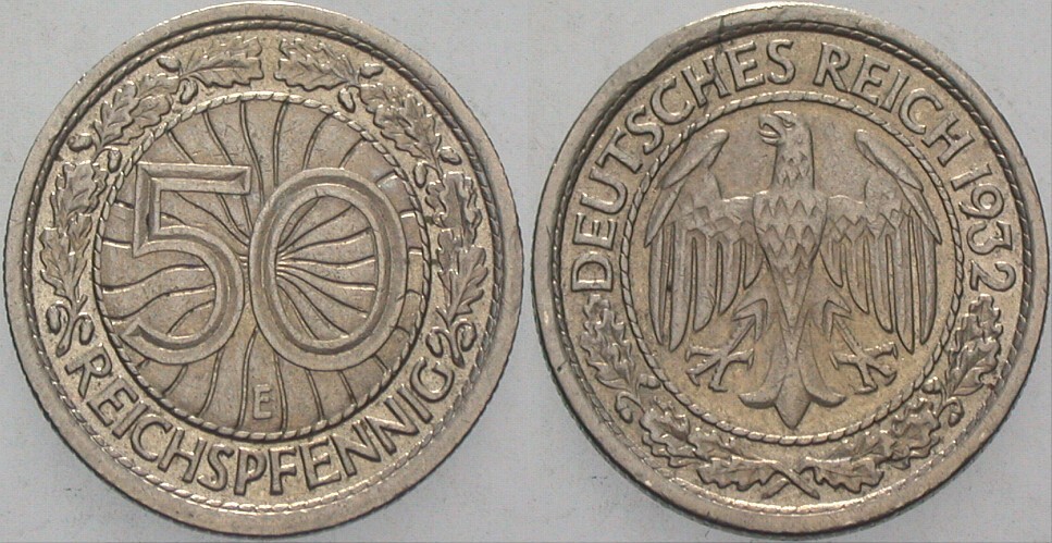 50 Reichspfennig 1932 J. 324 Fast vorzüglich