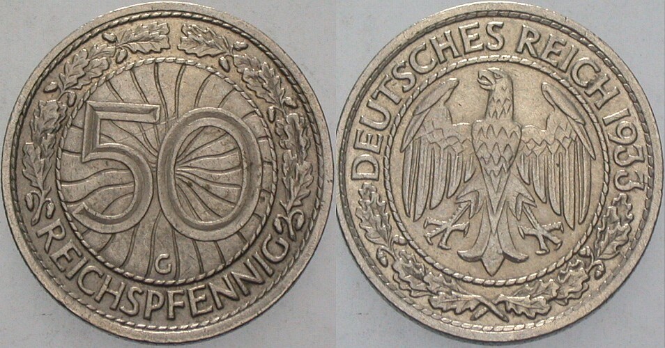 50 Reichspfennig 1933 J. 324 Fast vorzüglich
