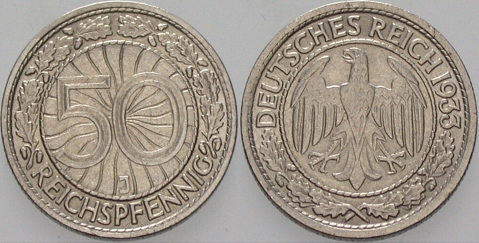 50 Reichspfennig 1933 J. 324 Winz. Randfehler, sehr schön - vorzüglich