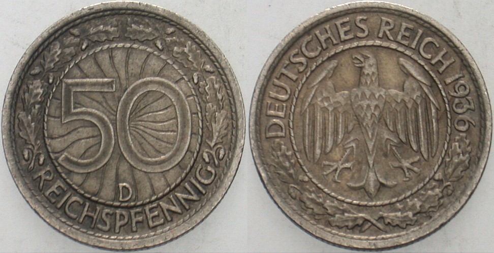 50 Reichspfennig 1936 J. 324 Patina, vorzüglich