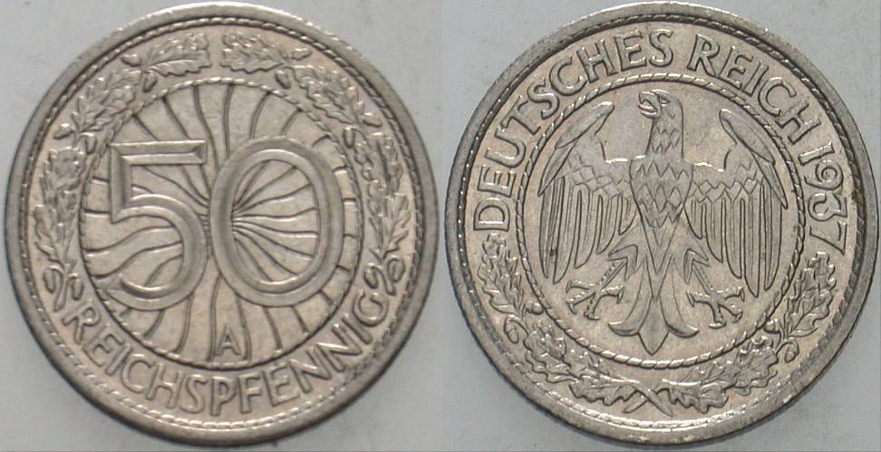 50 Reichspfennig 1937 J. 324 Vorzüglich - Stempelglanz