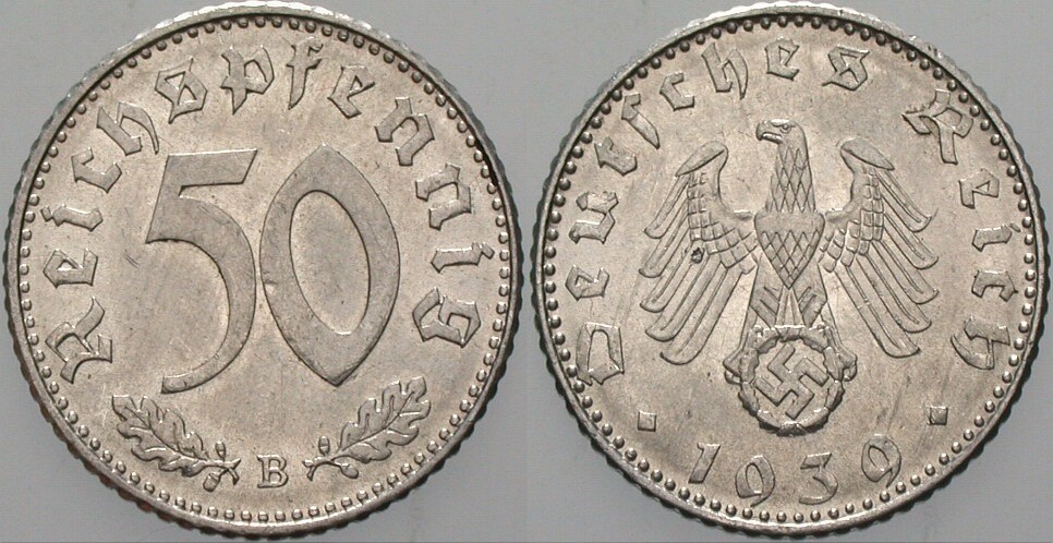 50 Reichspfennig 1939 J. 372 Winz. Druckstelle, sonst fast Stempelglanz