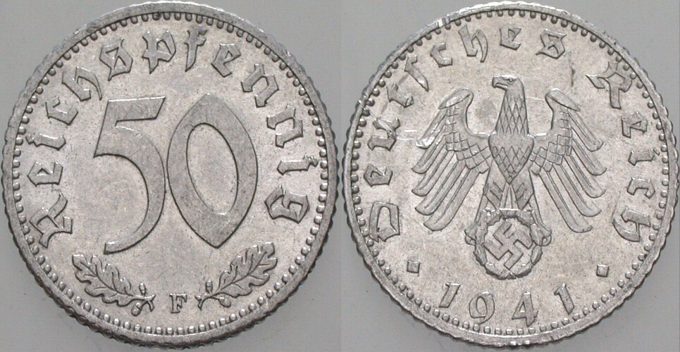 50 Reichspfennig 1941 J. 372 Winz. Randfehler, kl. Schürfstelle, sonst vorzüglich - Stempelglanz