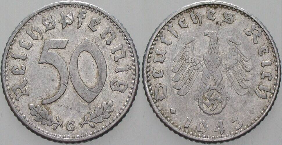50 Reichspfennig 1943 J. 372 kl. Kratzer, sehr schön