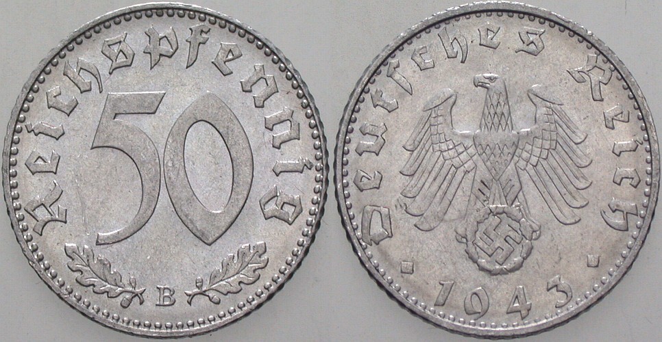 50 Reichspfennig 1943 J. 372 Leichte Patina, fast Stempelglanz
