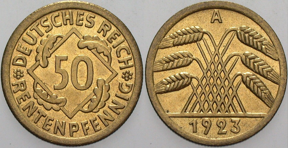 50 Rentenpfennig 1923 J. 310 Fast Stempelglanz