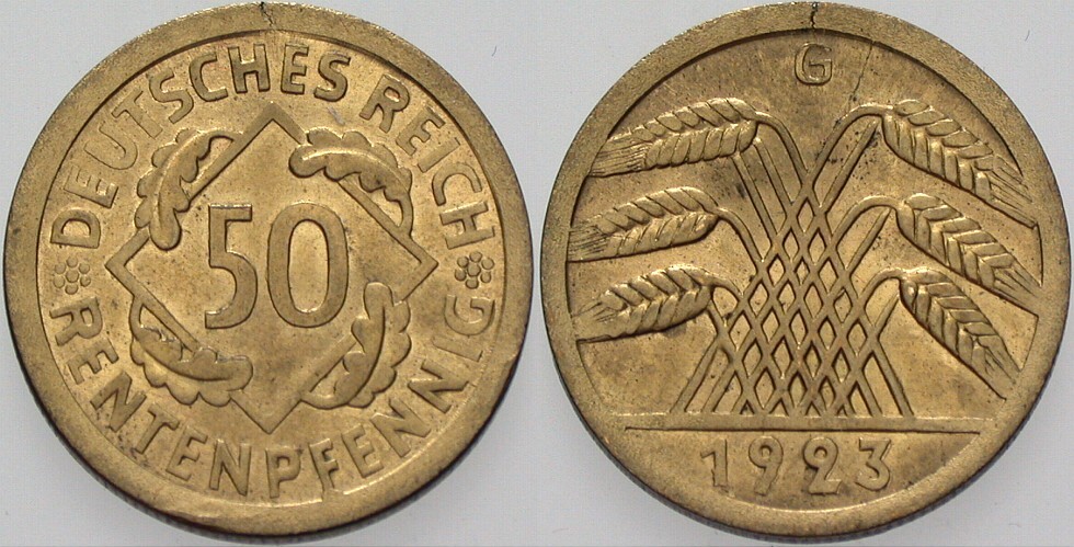 50 Rentenpfennig 1923 J. 310 winz. Schrötlingsfehler, Stempelglanz