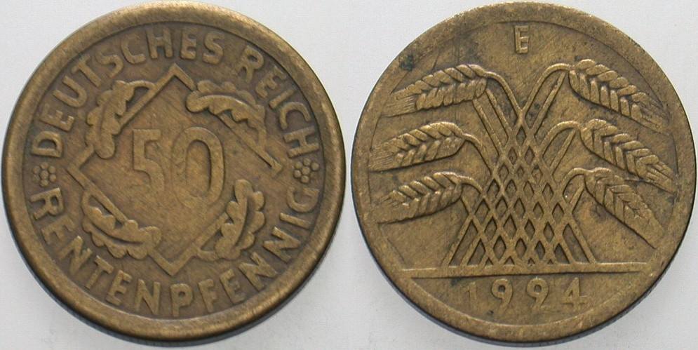 50 Rentenpfennig 1924 J. 310 Fast sehr schön