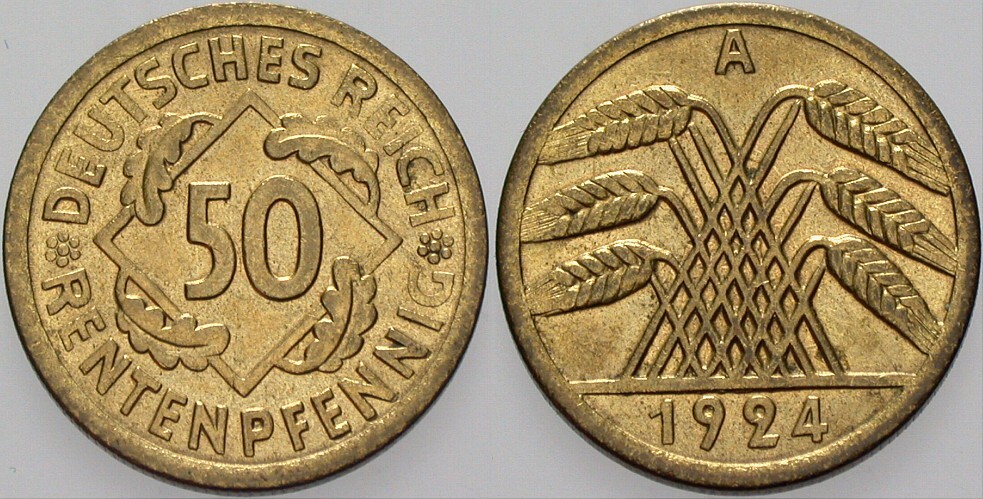 50 Rentenpfennig 1924 J. 310 Fast Stempelglanz