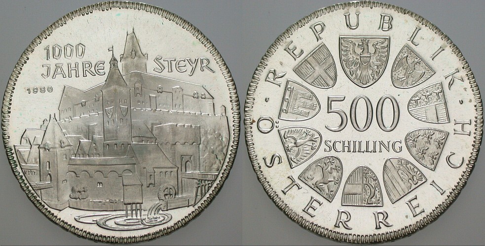 500 Schilling 1980  Patina, Polierte Platte -