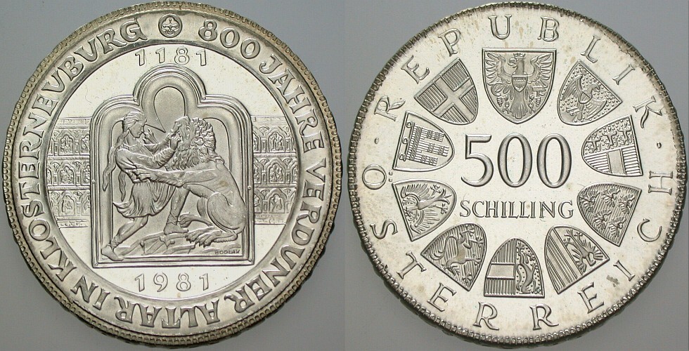 500 Schilling 1981  Patina, Polierte Platte -