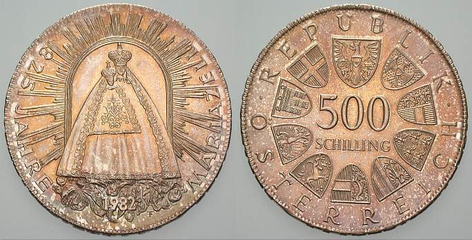 500 Schilling 1982  Patina, vorzüglich - Stempelglanz