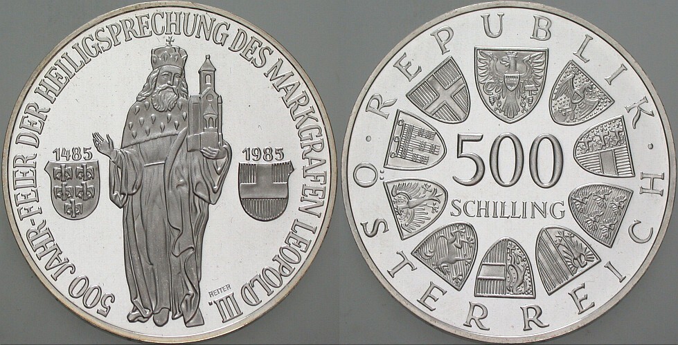 500 Schilling 1985  Polierte Platte, verkapselt