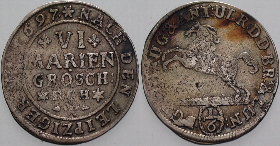 6 Mariengroschen 1697 Welter 2095 B Patina, min. Korr., fast sehr schön