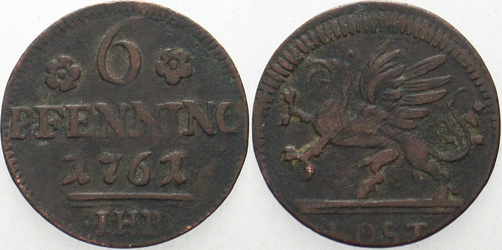 6 Pfennig 1761 Kunzel 293 Sehr schön