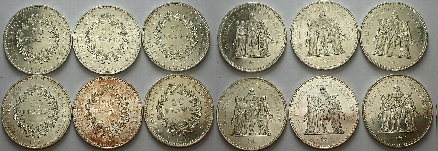6 x 50 Francs 1974,1975,1976,1977,1978,1979 K/M 941 Meist fast Stempelglanz