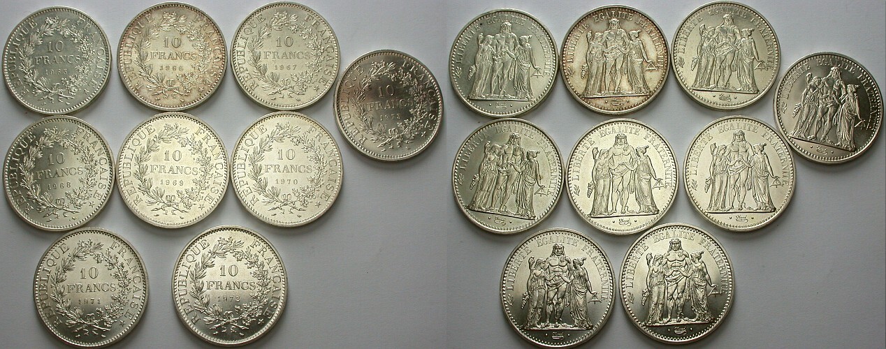 9 x 10 Francs 1965,1966,1967,1968,1969,1970,1971,1972,1973 K/M 932 Meist vorzüglich - Stempelglanz