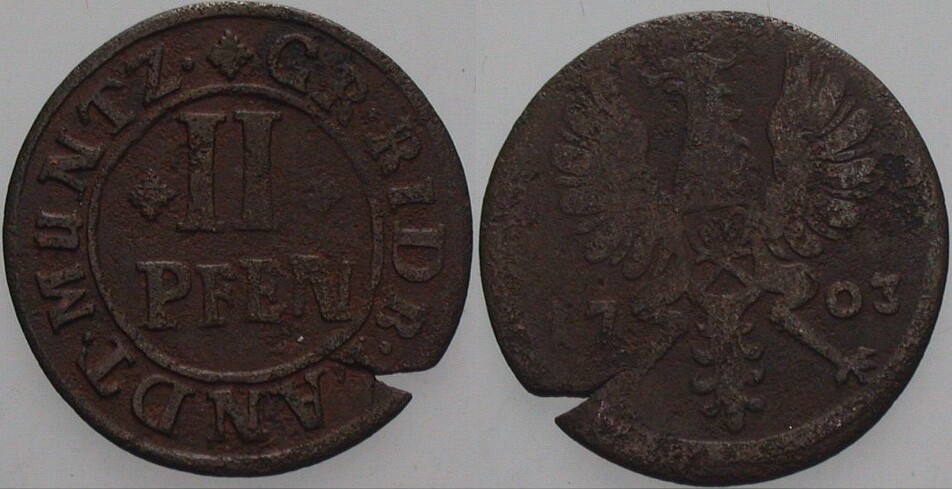 Cu 2 Pfennig 1703 Buse 83 Weingärtner 921 Randfehler, sehr schön