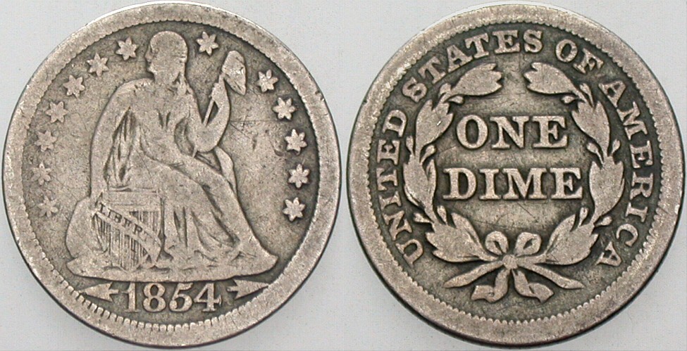 Dime 1854 KM 77 Schön - sehr schön