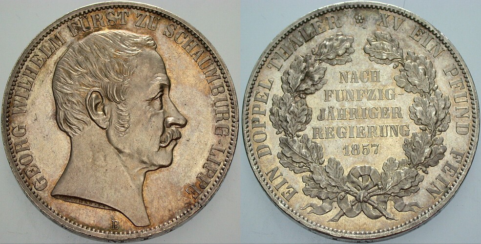 Doppeltaler 1857 Jaeger 7 AKS 18 Kl. Randverpr., herrliche Patina, fast Stempelglanz vom EA
