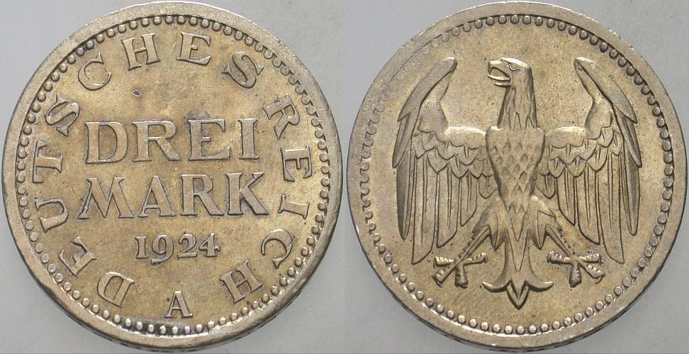 DREI MARK 1924 J. 312 Patina, vorzüglich - Stempelglanz