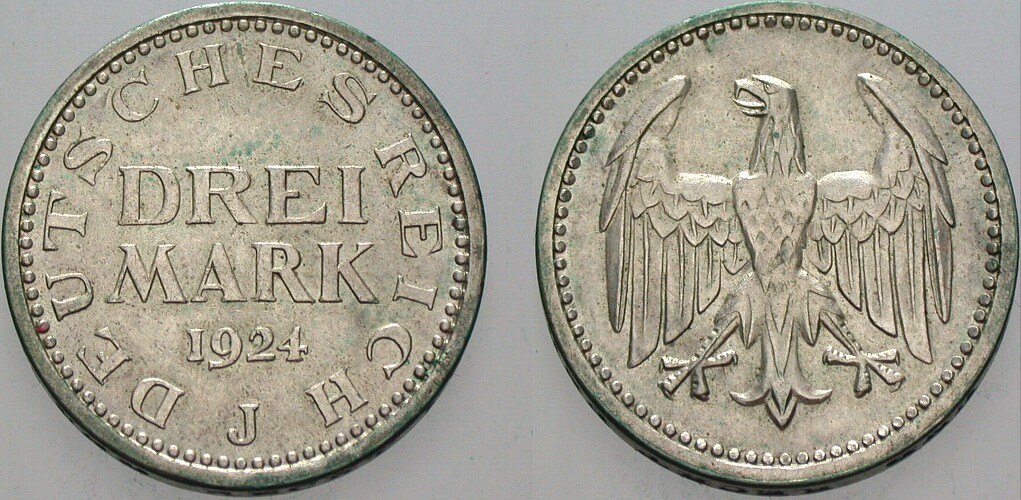 DREI MARK 1924 J. 312 Patina, vorzüglich