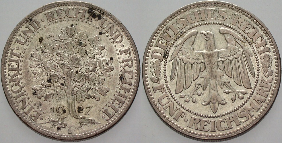 FÜNF REICHSMARK 1927 J. 331 Fleckige Patina, vorzüglich