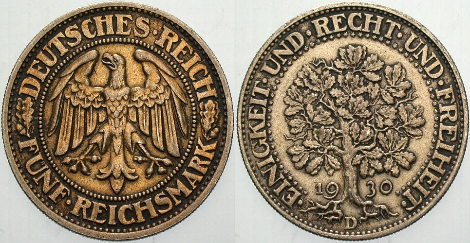 FÜNF REICHSMARK 1930 J. 331 Rückseite Vergoldungsreste, sonst sehr schön - vorzüglich