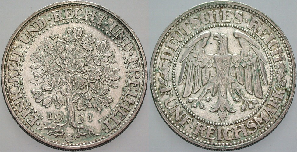 FÜNF REICHSMARK 1931 J. 331 Patina, sehr schön - vorzüglich