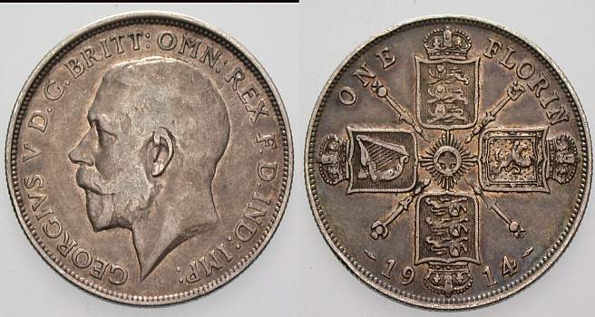 Florin/Two Shillings 1914 Krause/Mishler 817 Patina, sehr schön