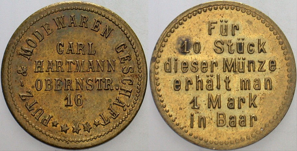 Für 10 Stück dieser Marke erhält man 1 Mark in Baar o.J. Menzel 2770.1 Patina, vorzüglich
