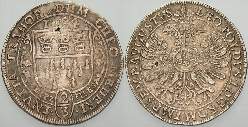 Gulden (2/3 Taler) 1694 Dav. 473 Patina, kl. Schrötlingsfehler, sehr schön