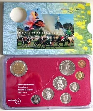 Kursmünzensatz 1 Rappen - 5 Franken (13,86 Franken) 2001  Stempelgflanz