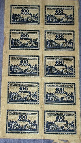 Originaldruckbogen zu 10 x 100 Mark 15. 15.7.1921 Grabowski 30 Grasser/Pick 22f. Kassenfrisch, leichte Knickansätze