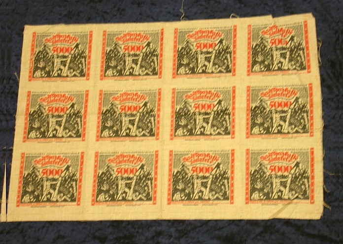Originaldruckbogen zu 12 x 5000 Mark 15.2.1923 Grabowski 67 Grasser/Pick 28a Kassenfrisch, mehrfach gefaltet, kleiner Knick im Stoff