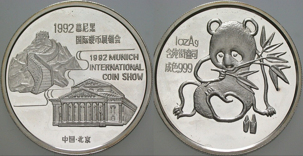 Panda-Silbermedaille 1992 Polierte Platte, min. Berührt, verkapselt