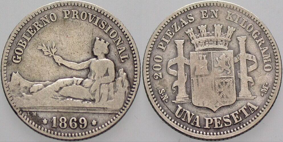 Peseta 1869 KM 652 Schön - sehr schön