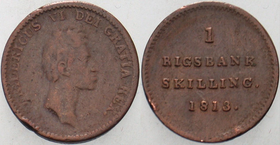 Rigsbankskilling 1813 K.M. 680 Randfehler, fast sehr schön