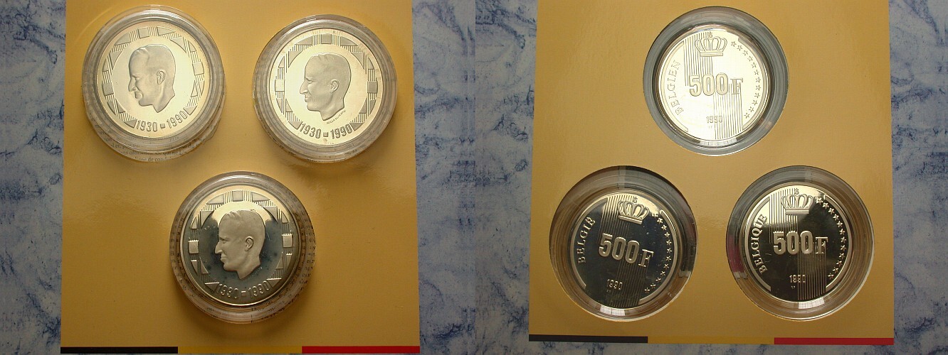 Set mit 3 x 500 Francs 1990  Leichte Patina, Polierte Platte im Originalblister
